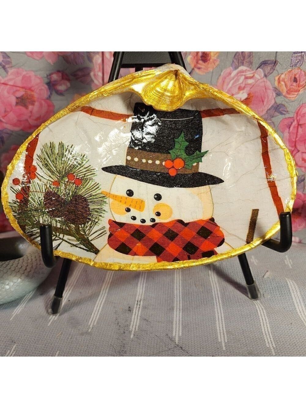 DECOUPAGE CLAM SHELL DECOUPAGE SNOWMAN ⛄️ ON A CLAM SHELL TRINKET DISH